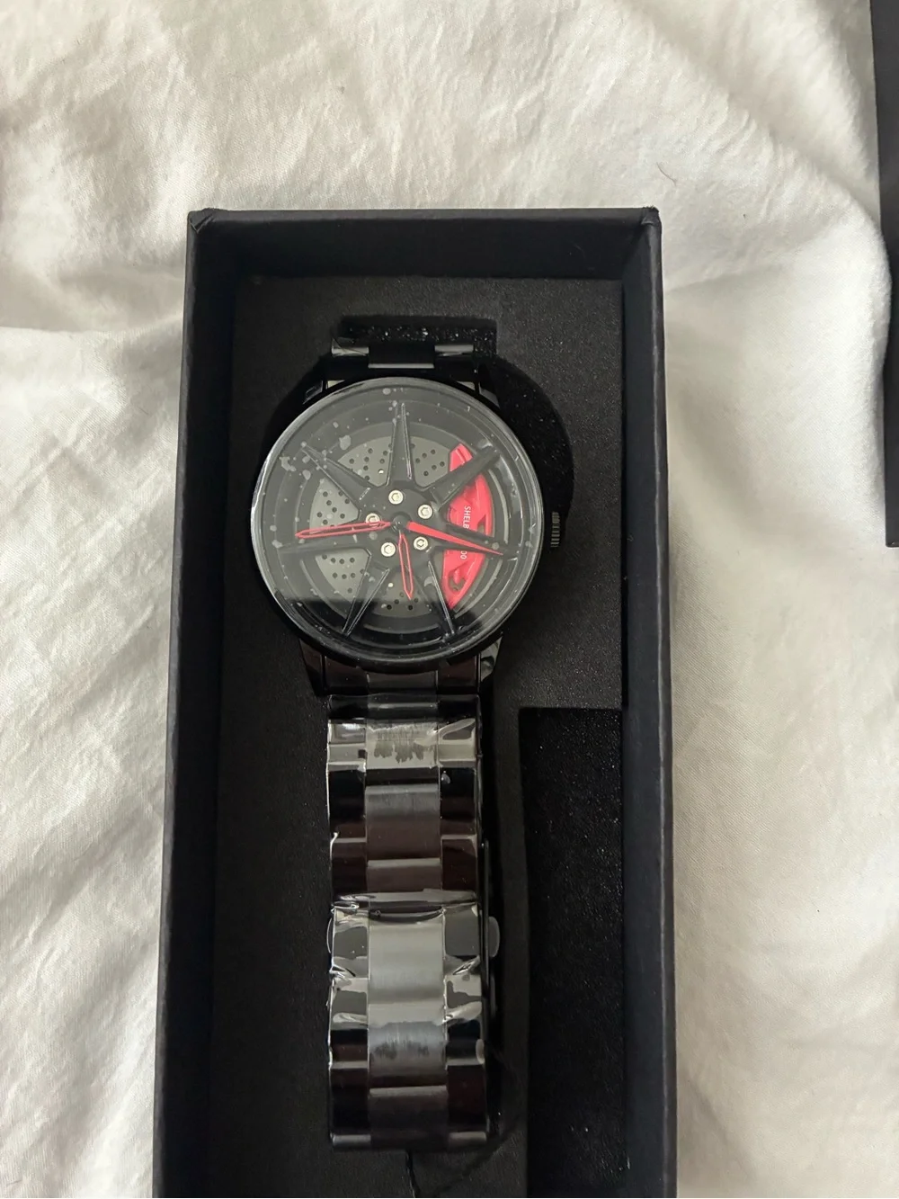Men's Black Metal Bracelet Watch - Black Car Wheel with Red Caliper